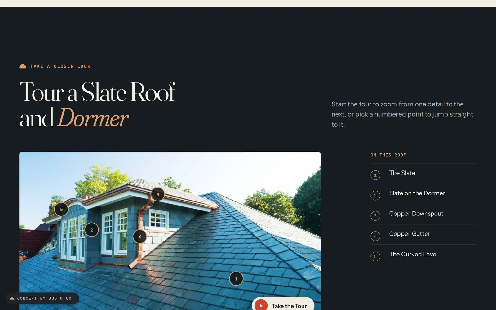 A slate dormer with five numbered points and a Take the Tour button.