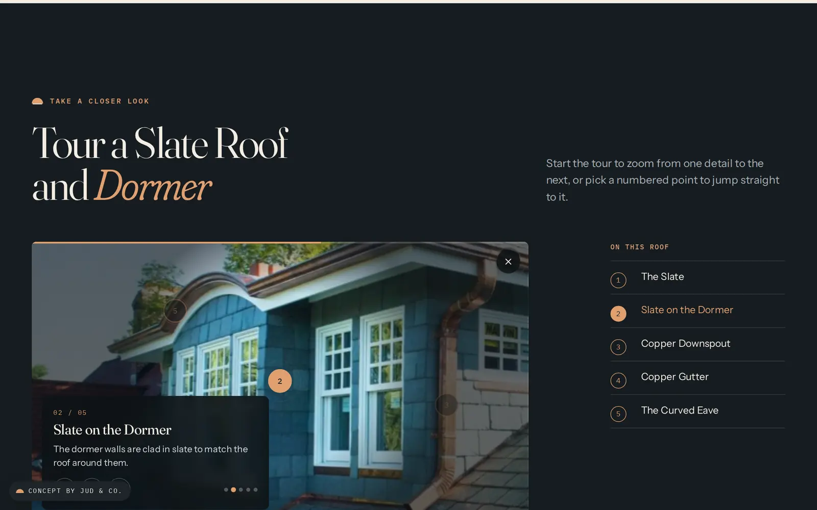 The tour on the slate-clad dormer walls.