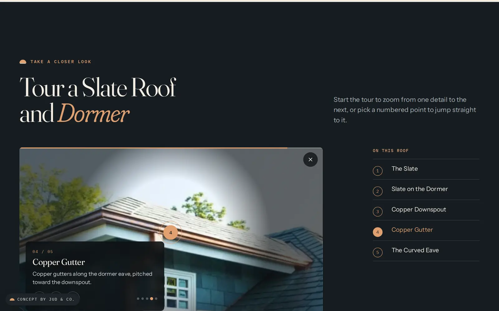 The tour on the copper gutter along the eave.