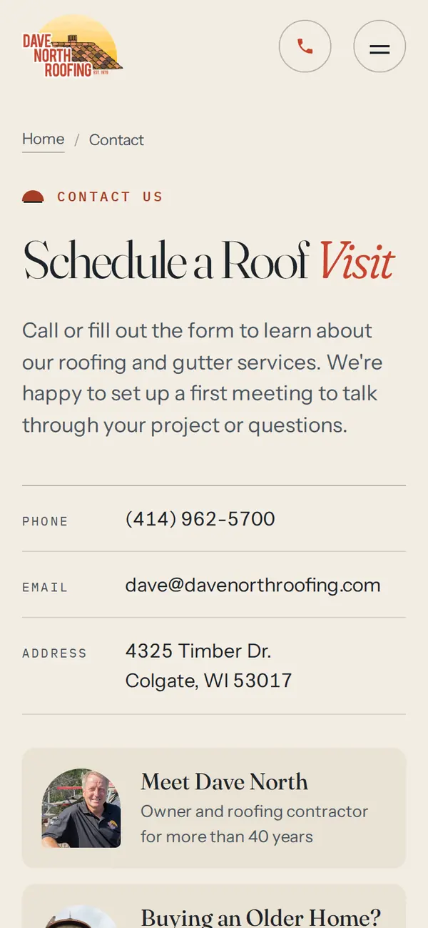 The Contact page of the concept at phone width.