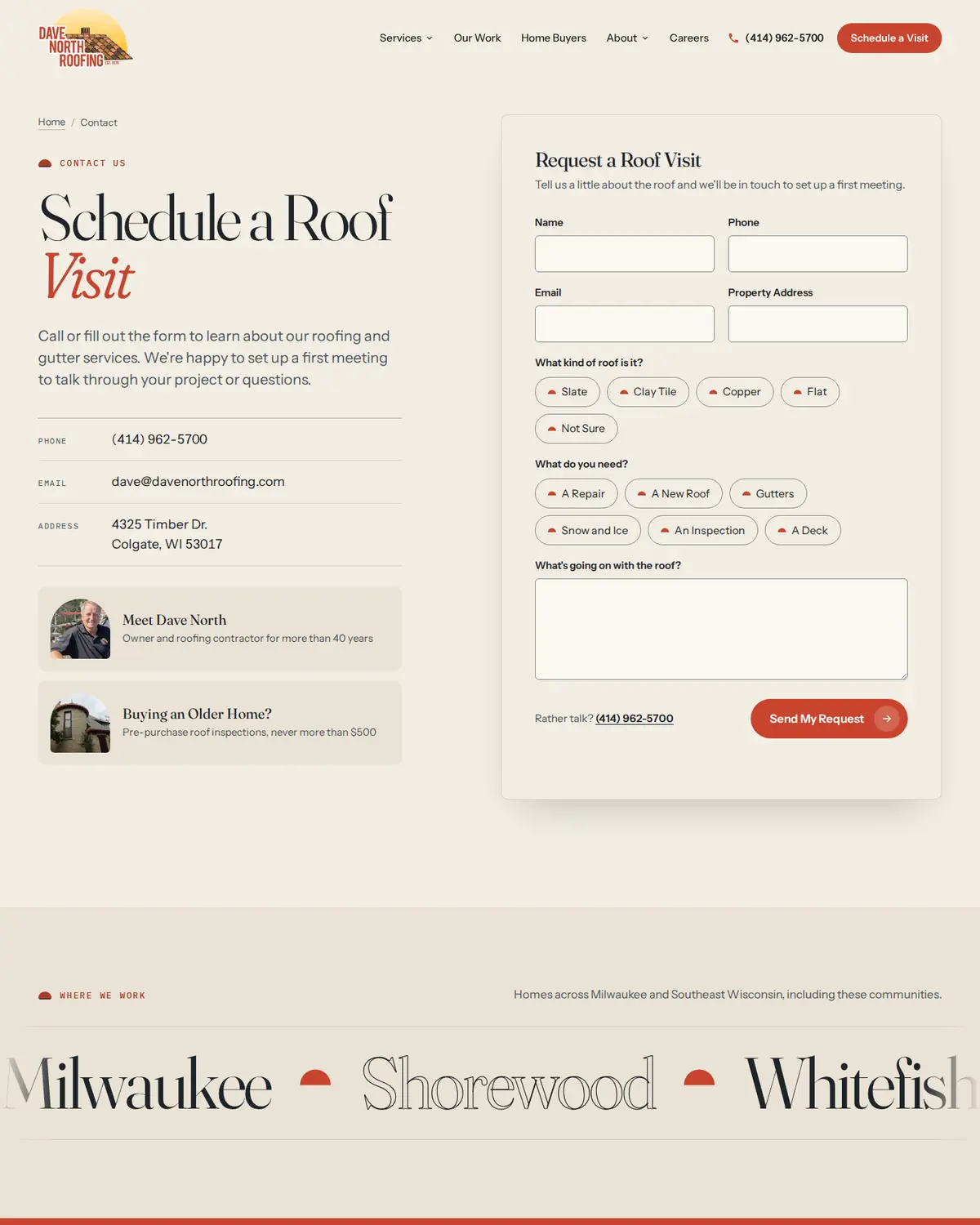The contact page and its roof visit request form.