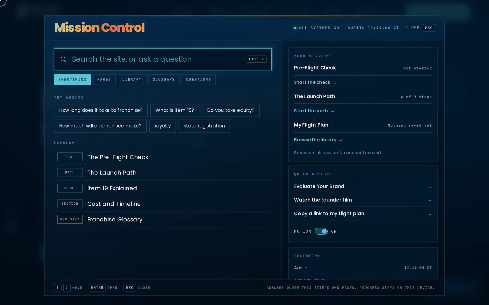 Mission Control open over the home page, with a search box, suggested questions, popular pages and progress.