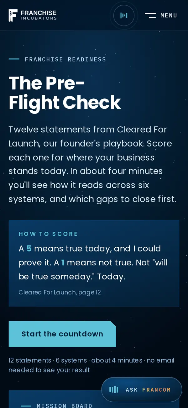 The Pre-Flight Check page of the site at phone width.