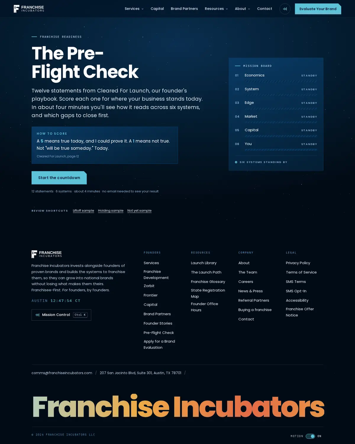The Pre-Flight Check page, with six systems on a mission board.