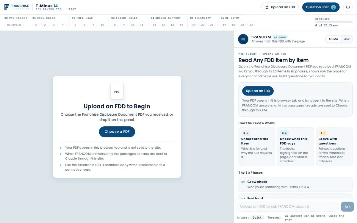 The FDD Review Tool, which starts with uploading a Franchise Disclosure Document.