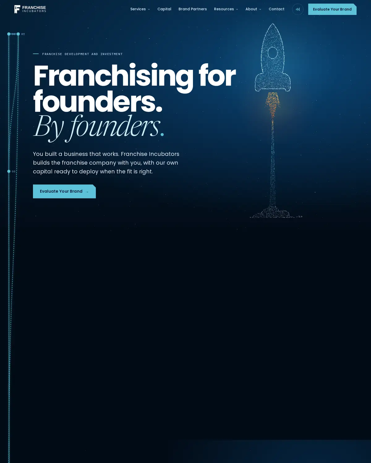 The Franchise Incubators home page top to bottom: the rocket, the odds, how they work, the three stages to launch and franchising in 2026.