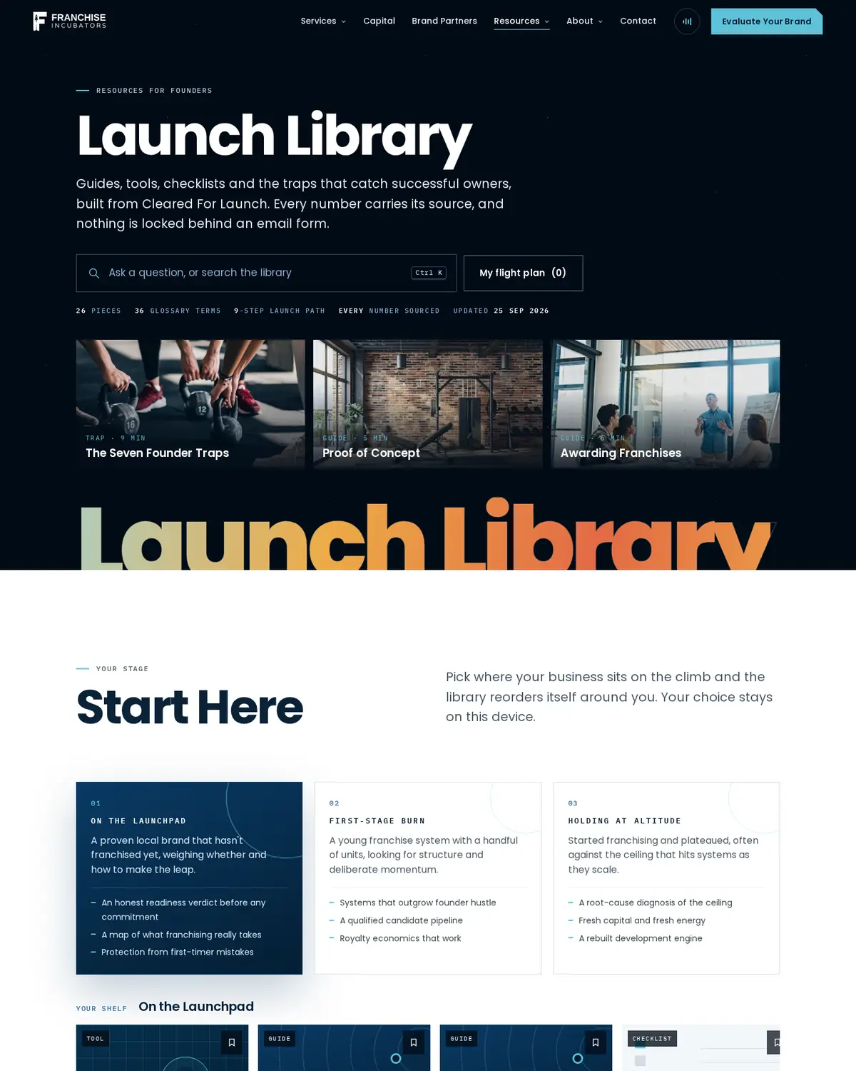 The Launch Library: guides, tools and checklists, each with its reading time.