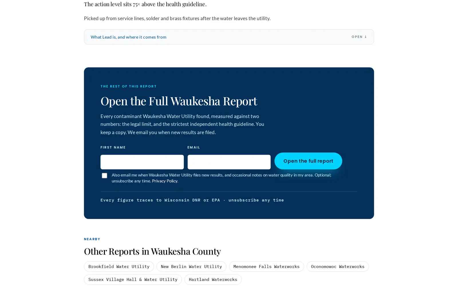 The form that opens the full Waukesha report, asking for a first name and an email.