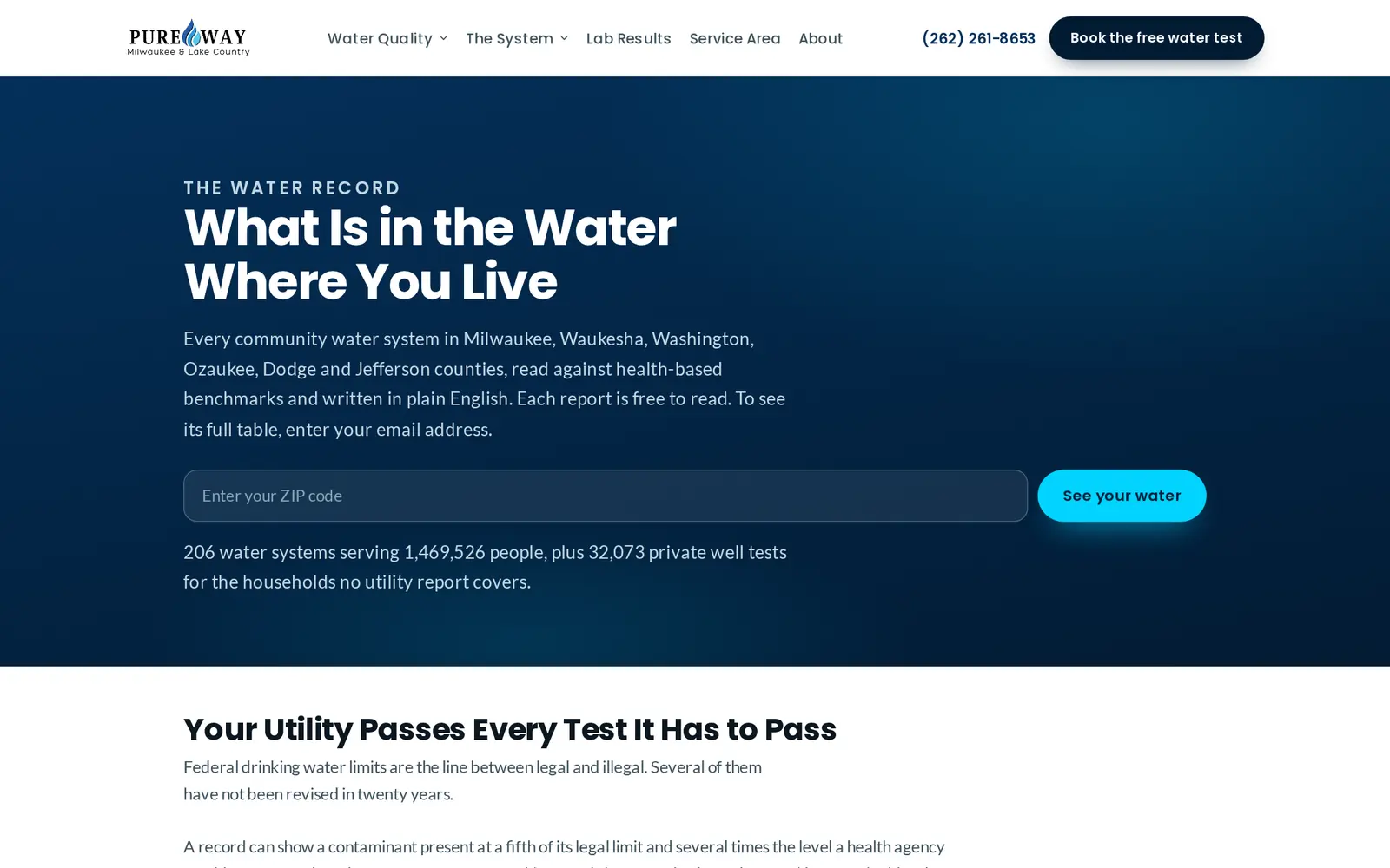 The lookup page headline, What Is in the Water Where You Live, above a ZIP code search.