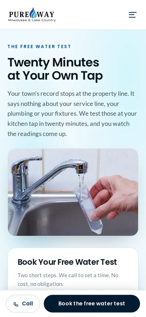 The Free Water Test page of the site at phone width.