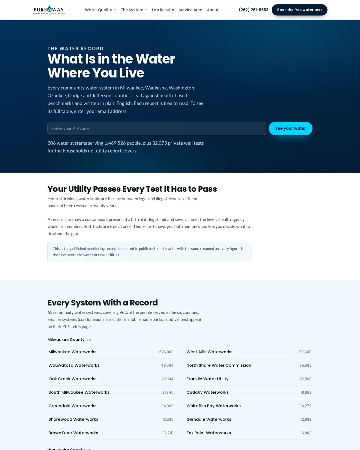 The water lookup page: a ZIP code search and every water system with a record.