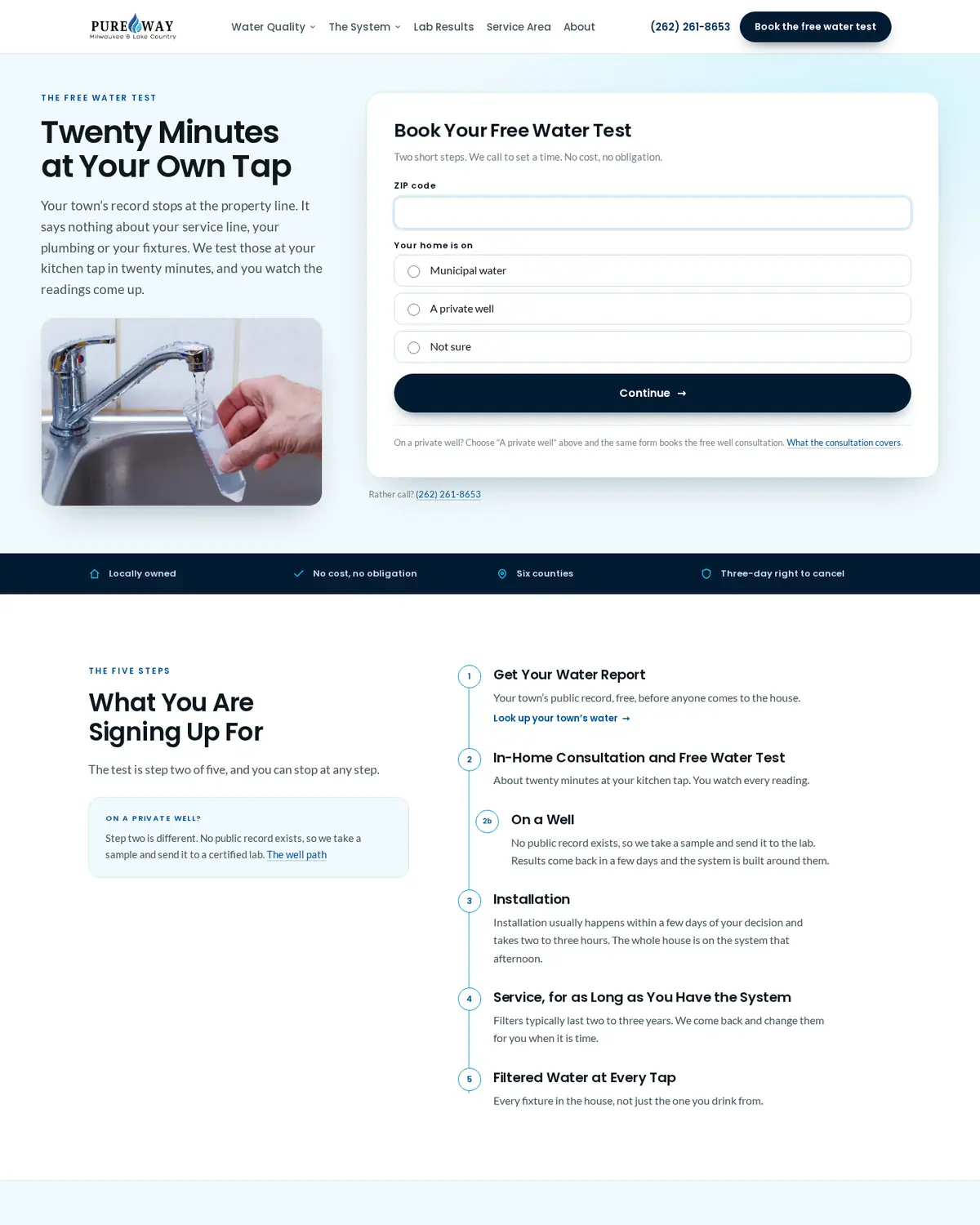 The free water test page: a two-step booking form beside a photo of a kitchen tap.