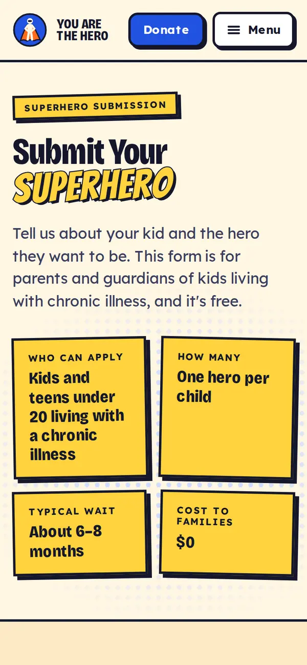 The Submit a Superhero page of the concept at phone width.