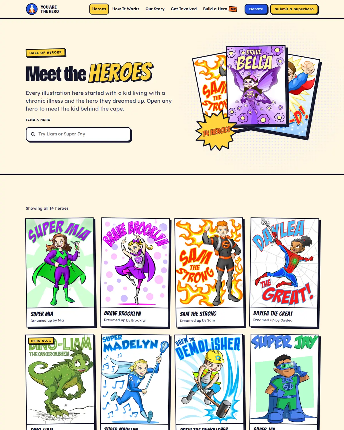 The Heroes page, with 14 hero cards and a search.