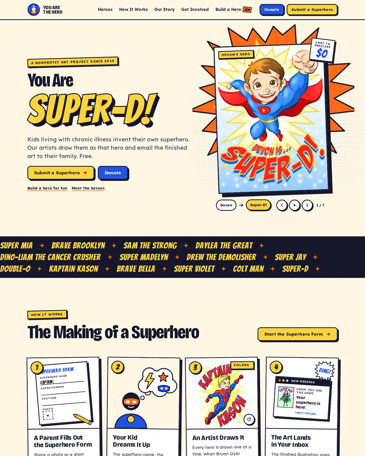 The concept's home page: the comic cover, how it works, the Hall of Heroes, the origin story and ways to help.