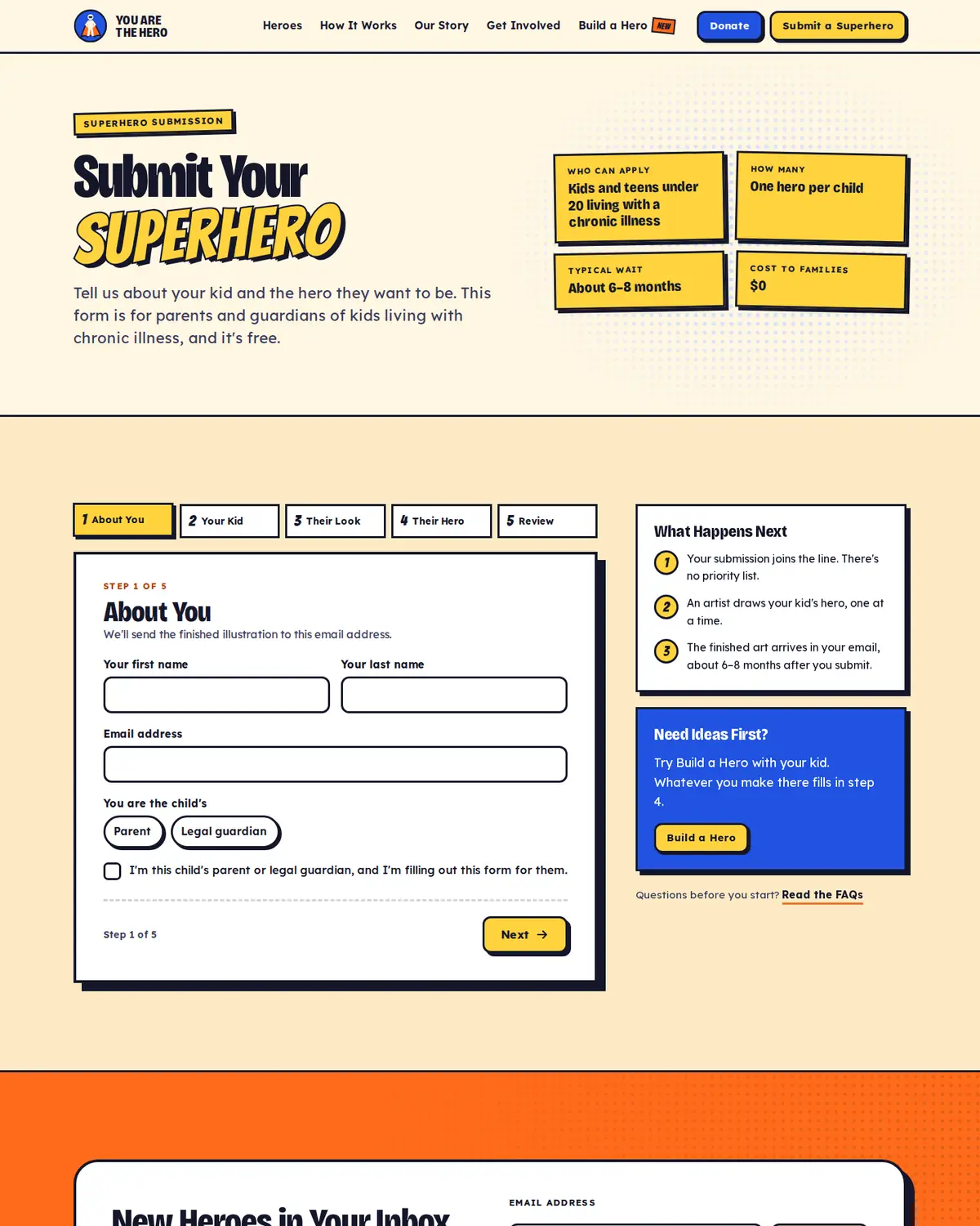 The five-step Submit a Superhero form.